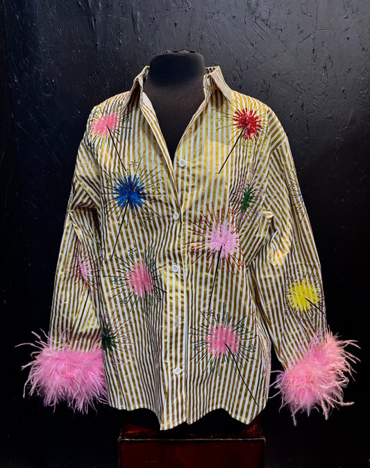 Queen of Sparkles Gold Stripe Multi Sparkler Button Up Top With Pink Feather Sleeves