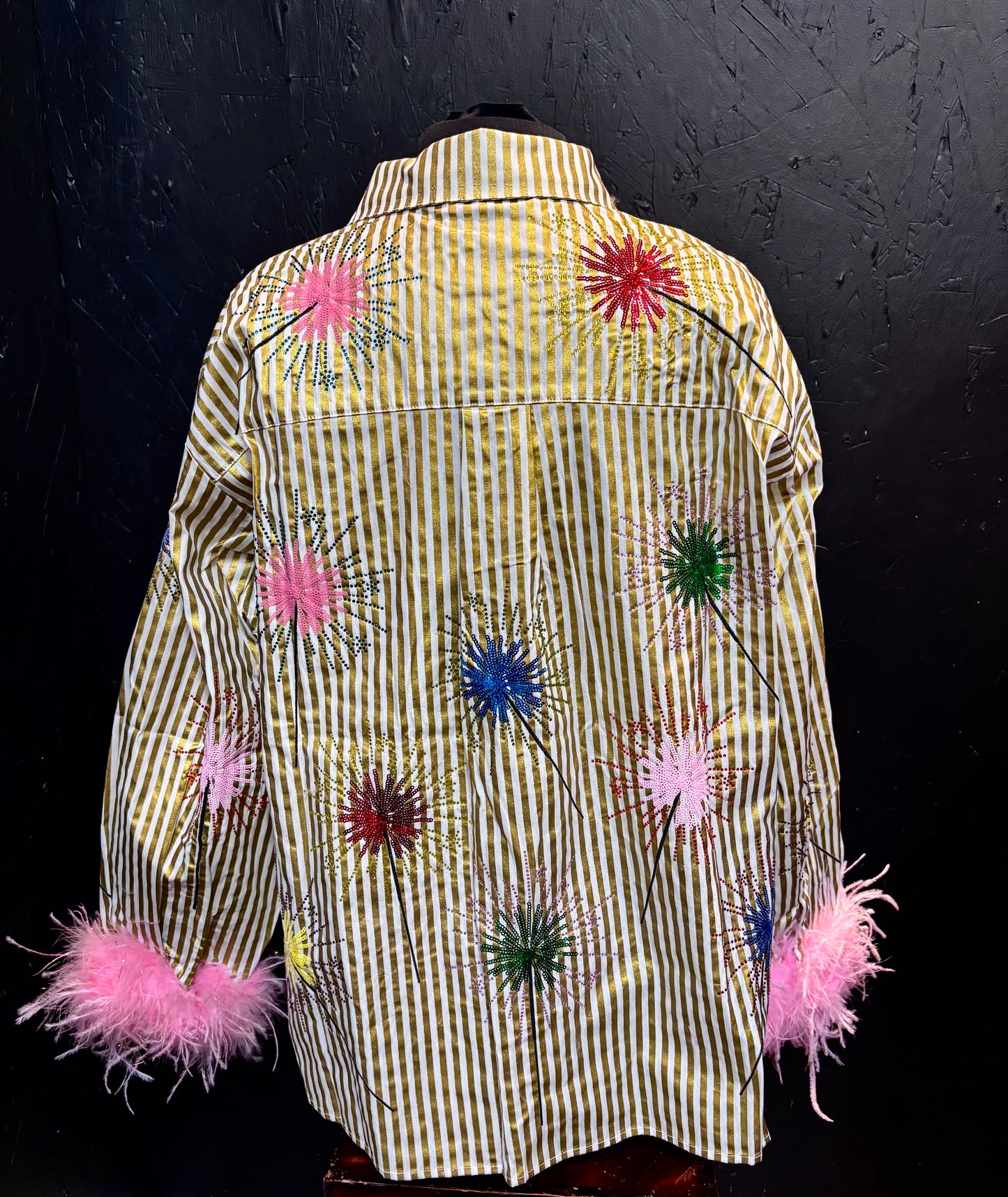 Queen of Sparkles Gold Stripe Multi Sparkler Button Up Top With Pink Feather Sleeves