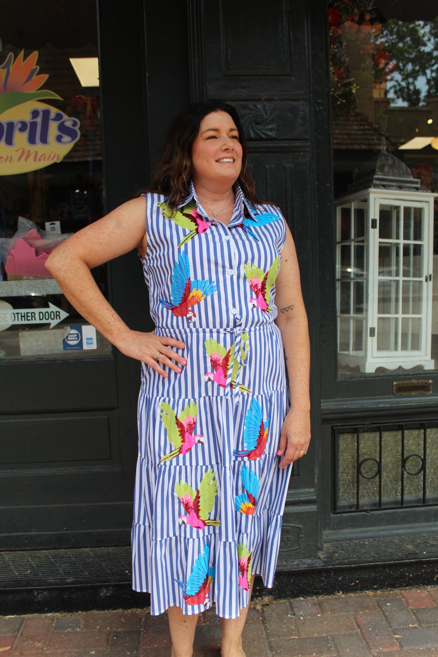 Navy & White Multi-Parrot Midi Dress