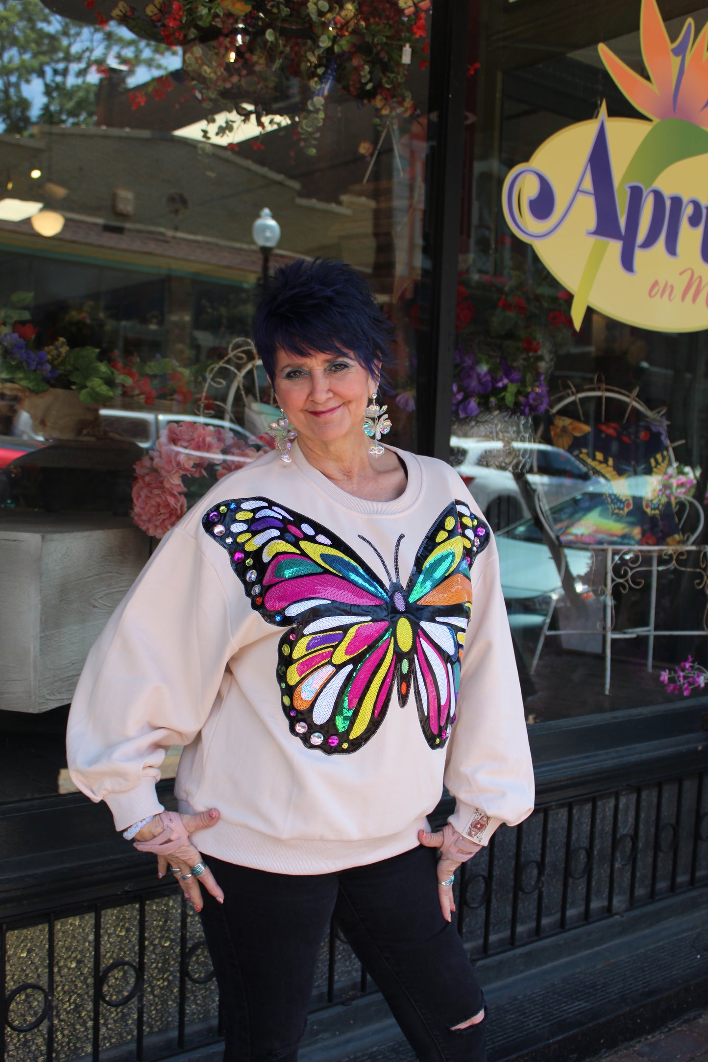 Beige Oversized Multicolored Butterfly Sweatshirt