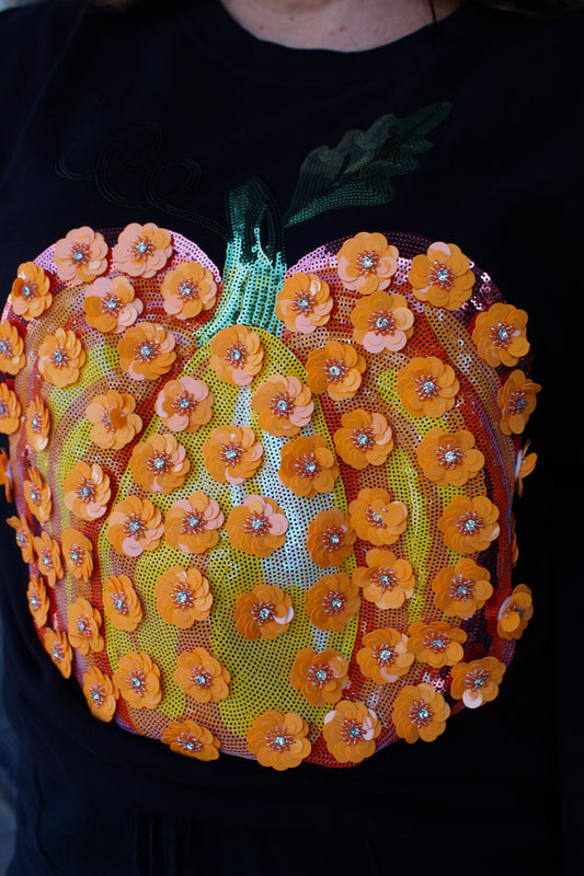 Queen of Sparkles Black & Orange Flower Sequin Pumpkin Sweatshirt