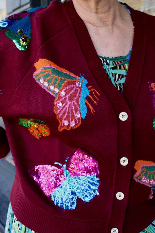 Queen of Sparkles Maroon Multi Butterfly Button Up Knit Cardigan
