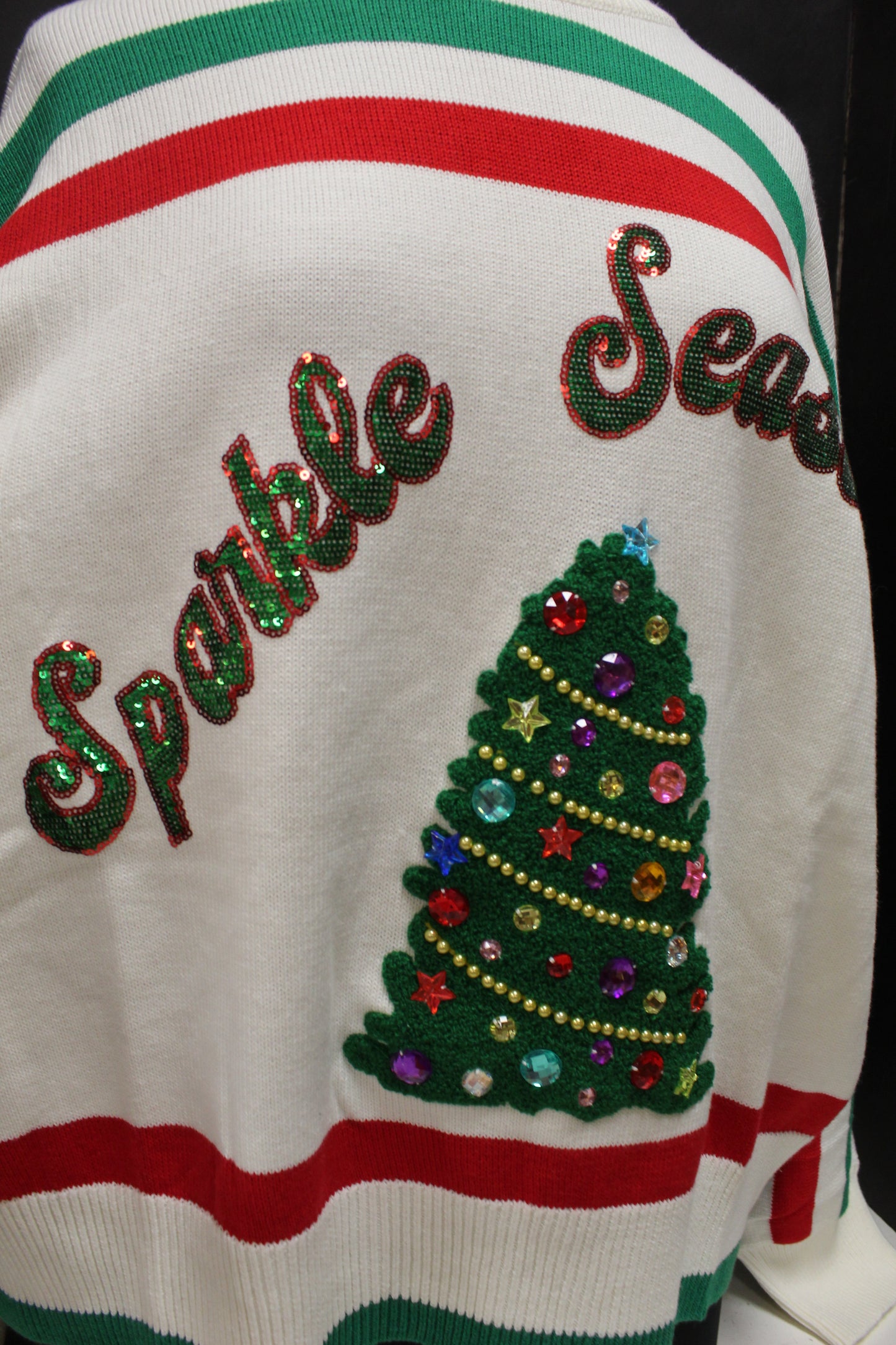Queen of Sparkles White, Red, & Green Stripe 'Sparkle Season' Long Sleeve Sweater
