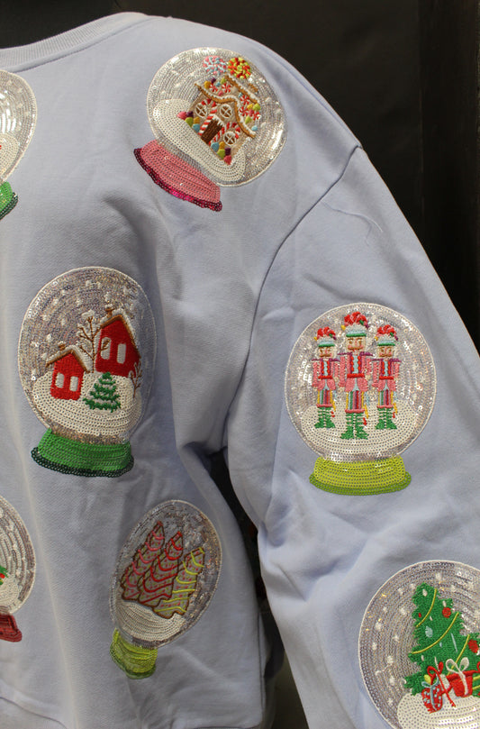 Queen of Sparkles Powder Blue Christmas Snow Globe Sweatshirt