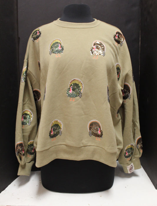 Queen of Sparkles Olive Green Scattered Turkey Sweatshirt