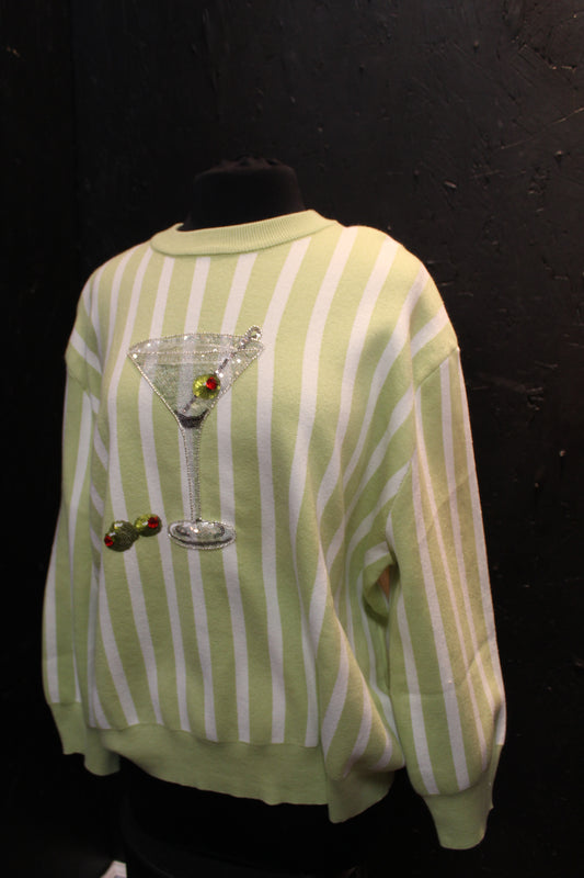 Queen of Sparkles Olive Green & White Stripe Martini Sweater