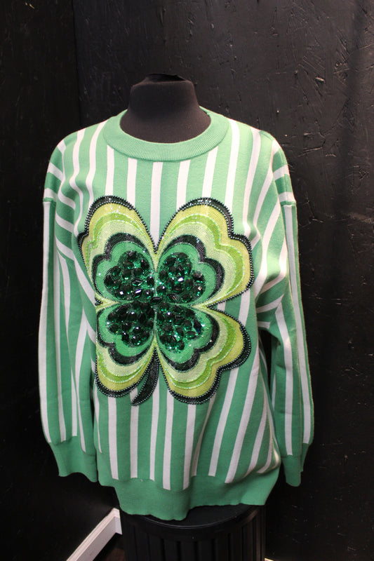 Queen of Sparkles Green & White Stripe Shamrock Sweater