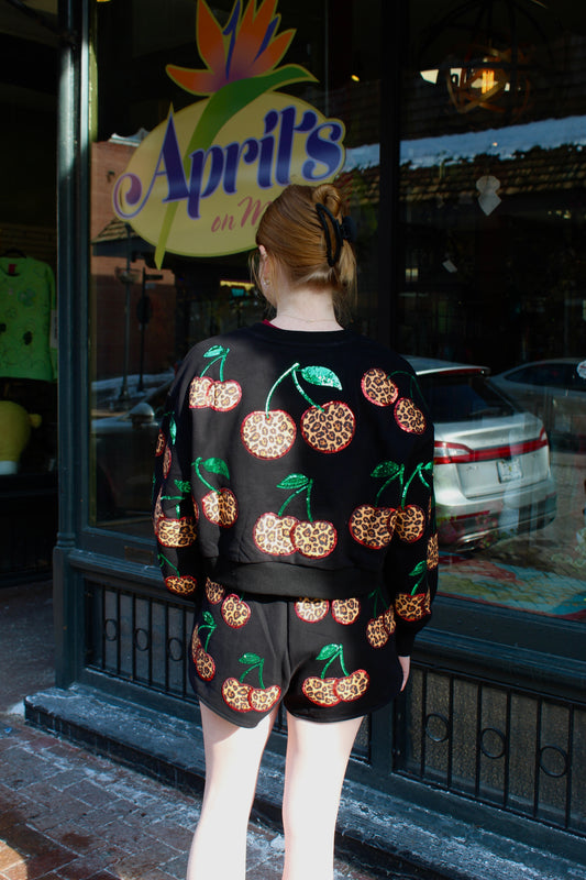 Queen of Sparkles Black Leopard Cherry Sweatshirt