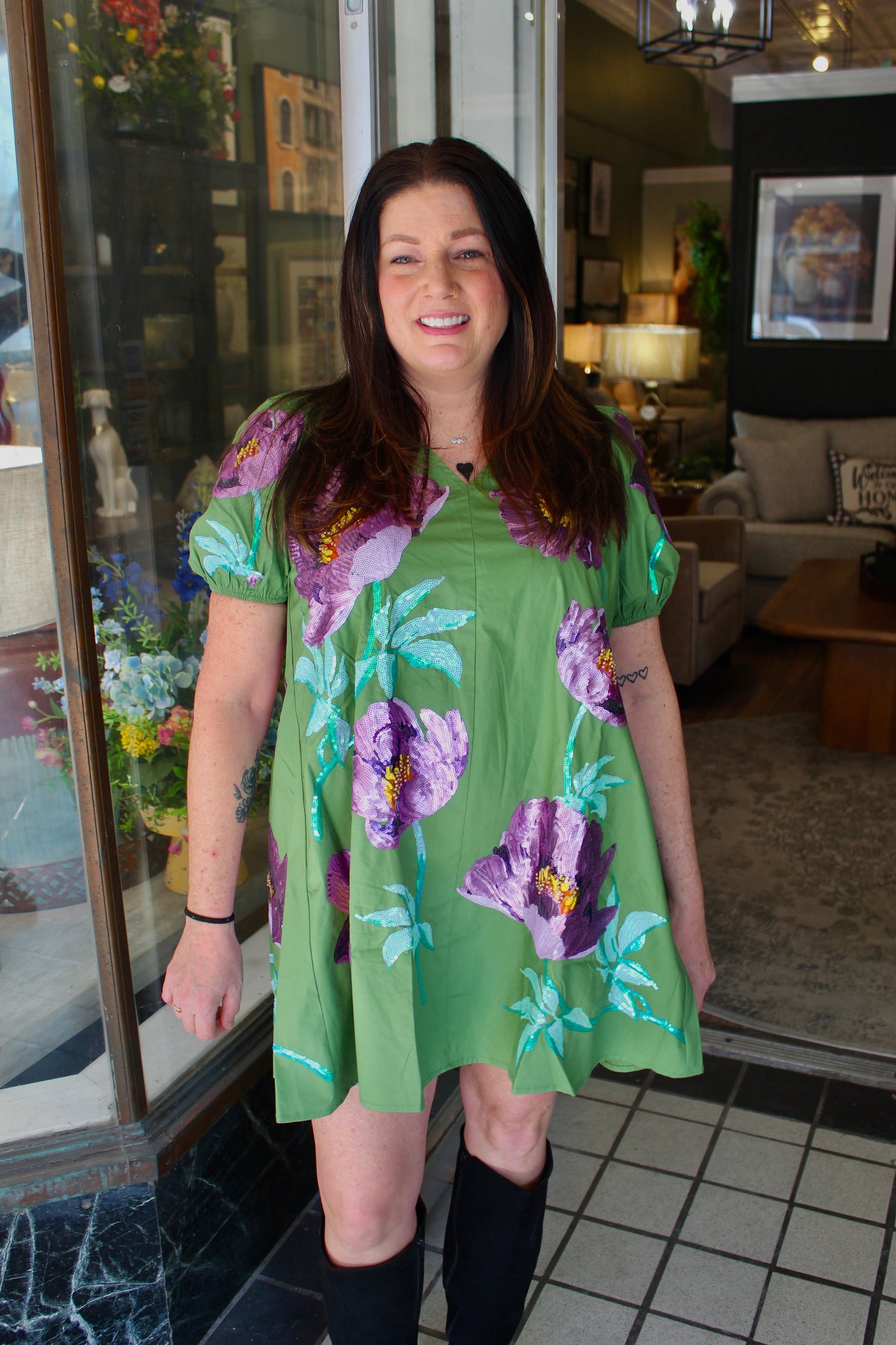 Queen of Sparkles Green & Purple Poof Sleeve Flower Cotton Dress