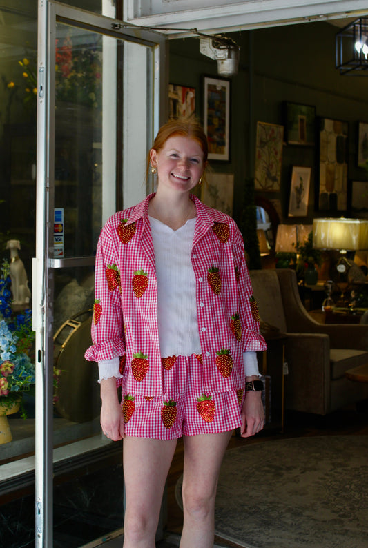 Queen of Sparkles Red & White Gingham Beaded Strawberry Short