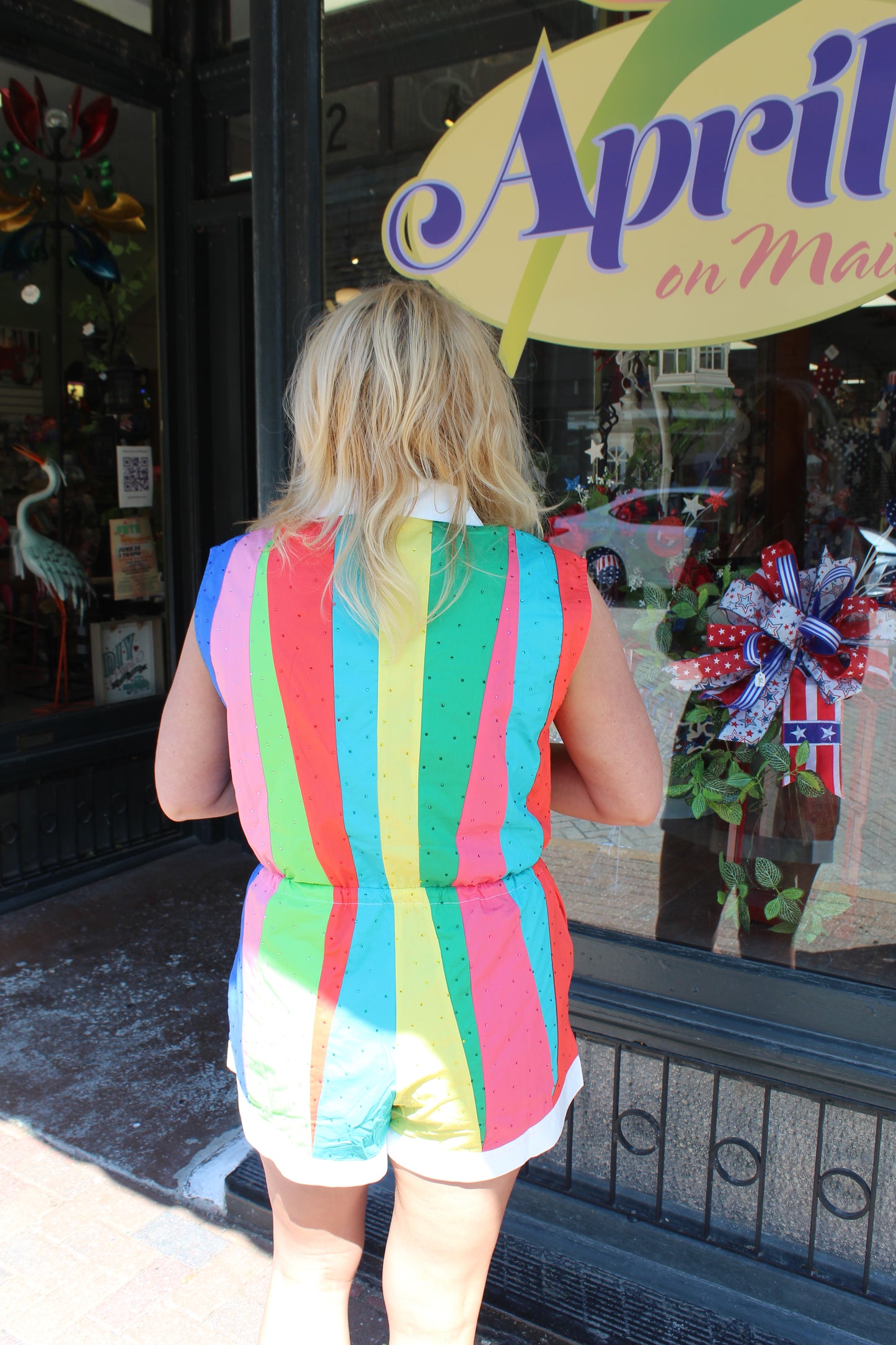 Queen of Sparkles Rainbow Rhinestone White Trim Collar Cotton Romper
