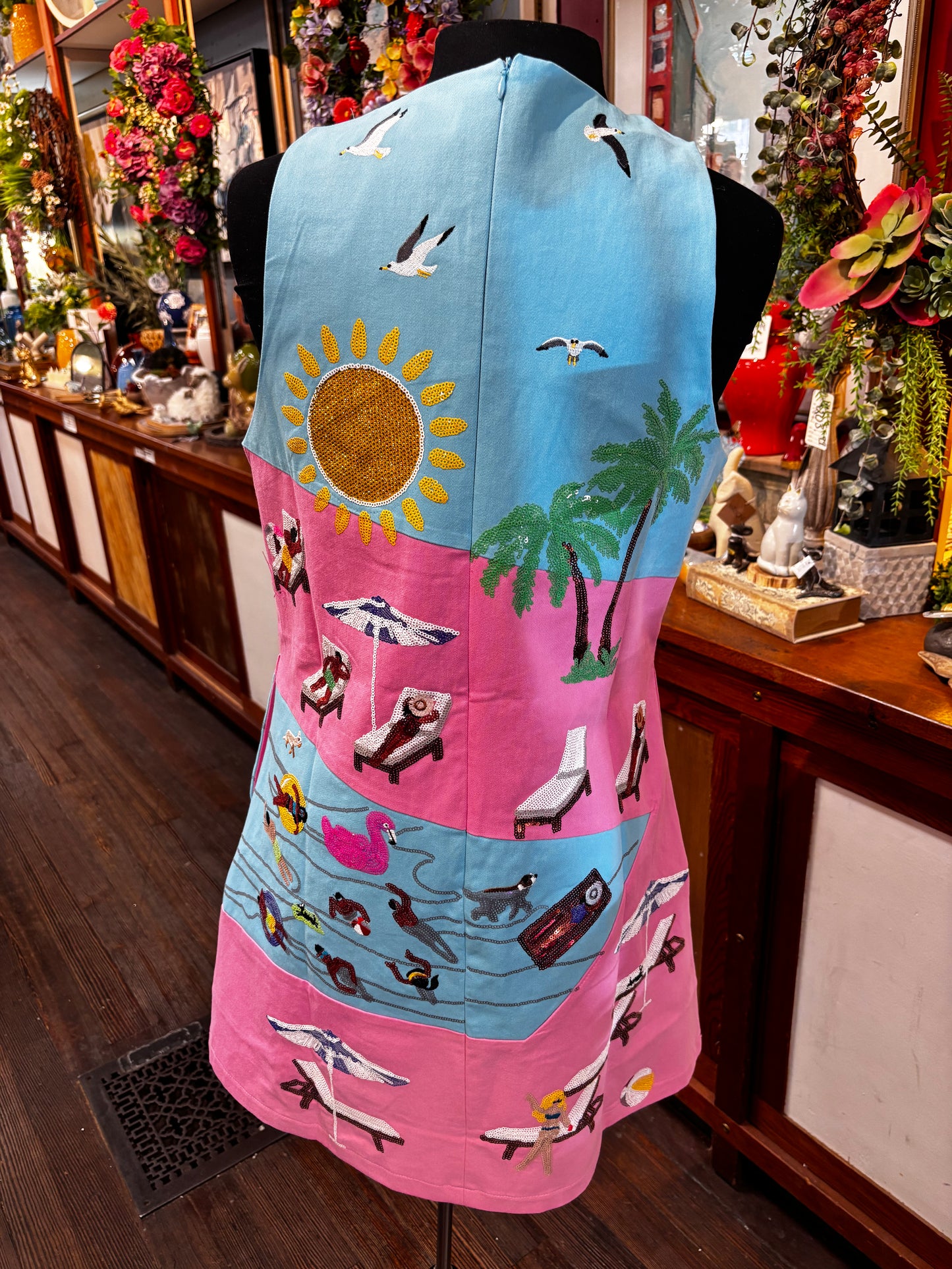 Queen of Sparkles Blue & Pink Colorblock Pool Scene Tank Dress