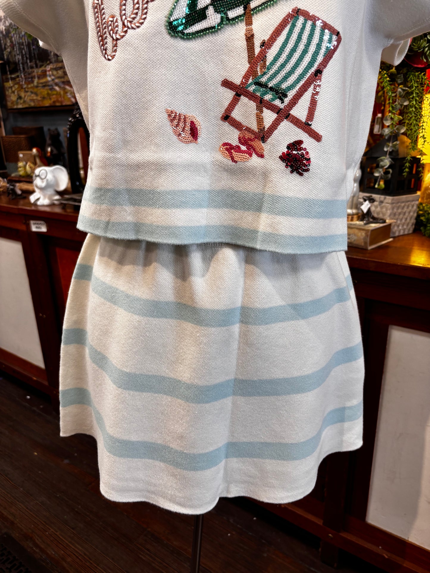 Queen of Sparkles Ivory & Light Blue Striped Knit Skirt
