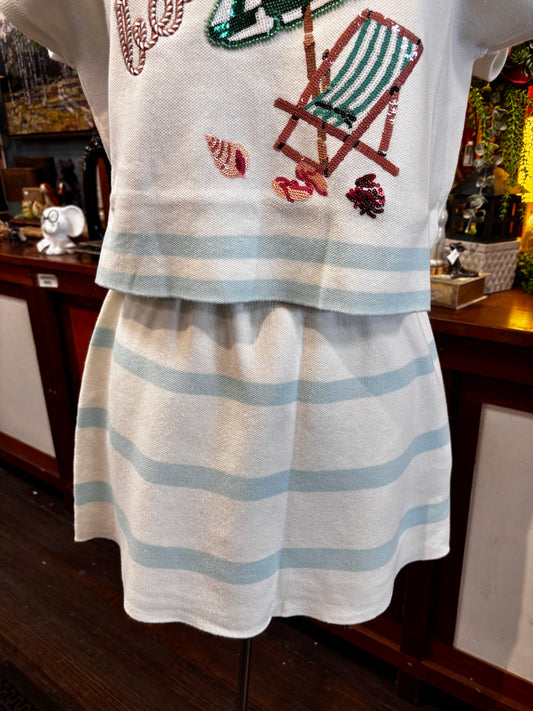 Queen of Sparkles Ivory & Light Blue Striped Knit Skirt
