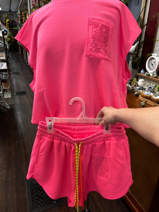 Queen of Sparkles Neon Pink QOS Card Logo Draw String Tank