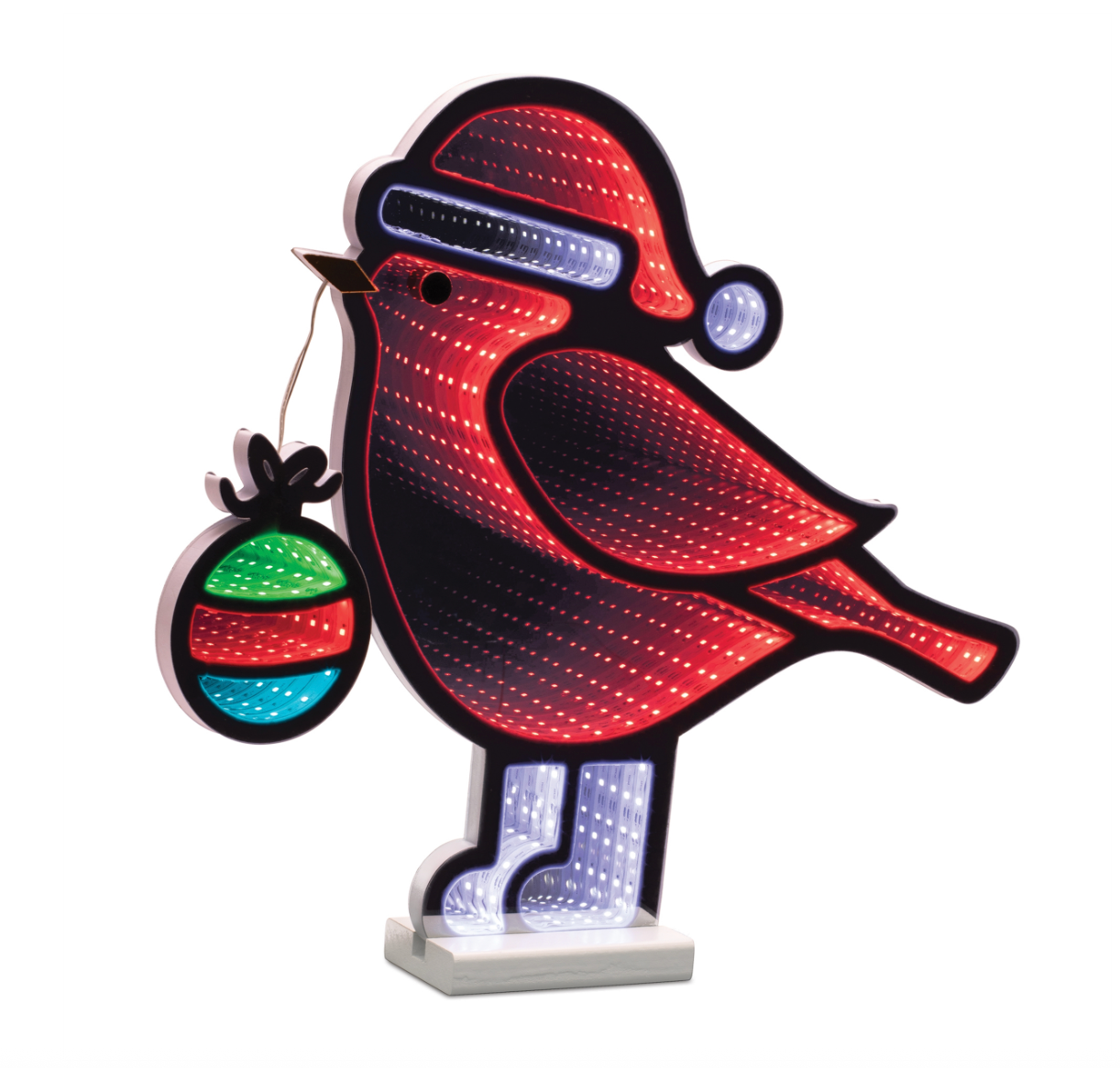 Red Bird with Santa Hat and Ornament Infinity Light, UL Plug In