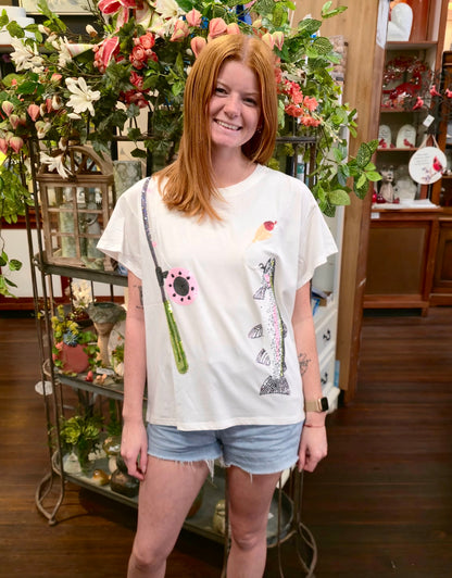 White Fishing pole with Hooked fish T-Shirt