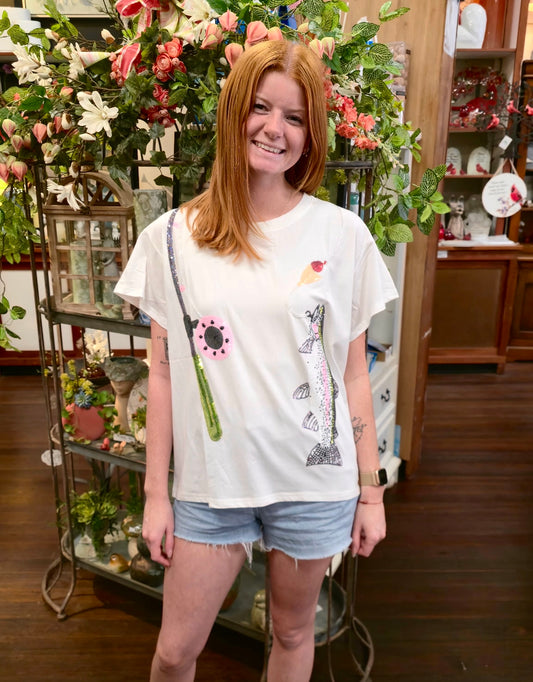 White Fishing pole with Hooked fish T-Shirt