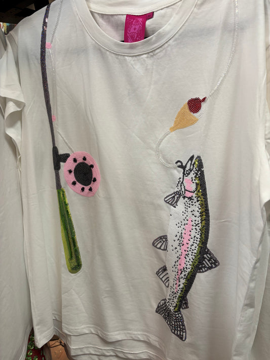 White Fishing pole with Hooked fish T-Shirt