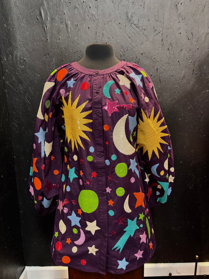 Queen of Sparkles Dark Purple Multi Galaxy Button Up Dress