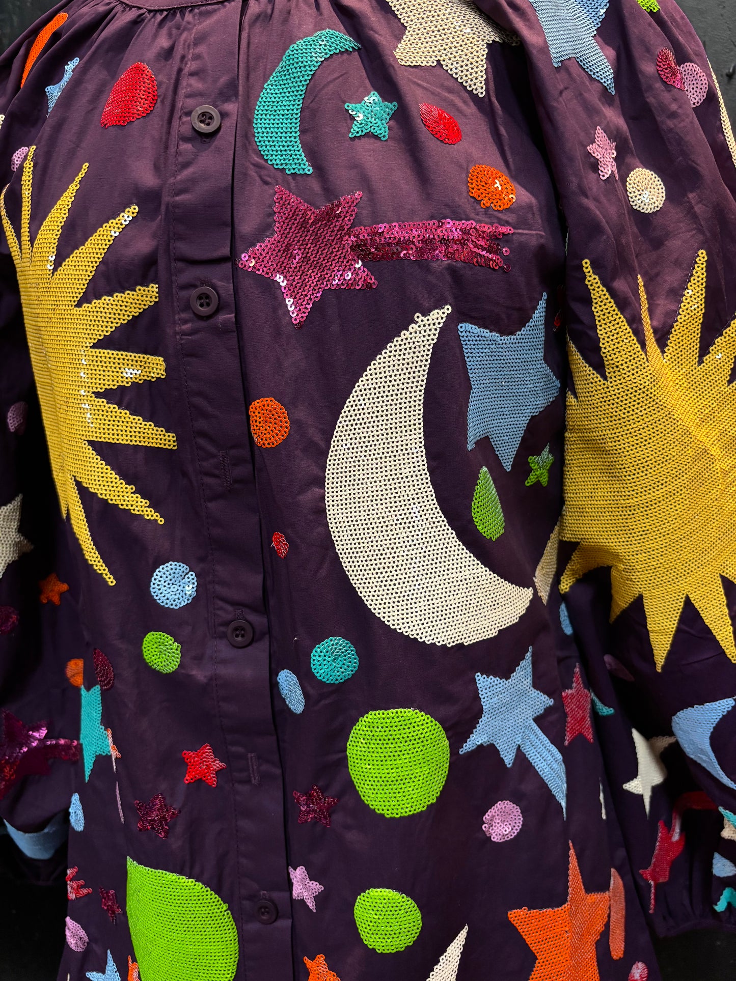 Queen of Sparkles Dark Purple Multi Galaxy Button Up Dress