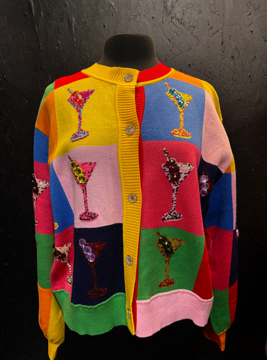 Queen of Sparkles Multi Checkered Cosmo Button Up Sweater