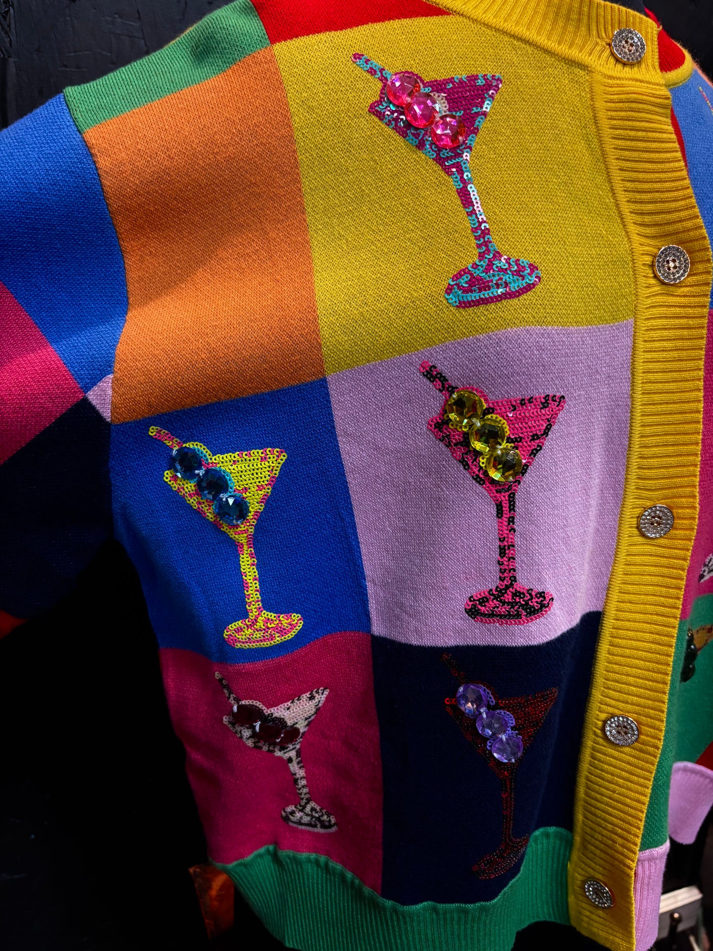 Queen of Sparkles Multi Checkered Cosmo Button Up Sweater