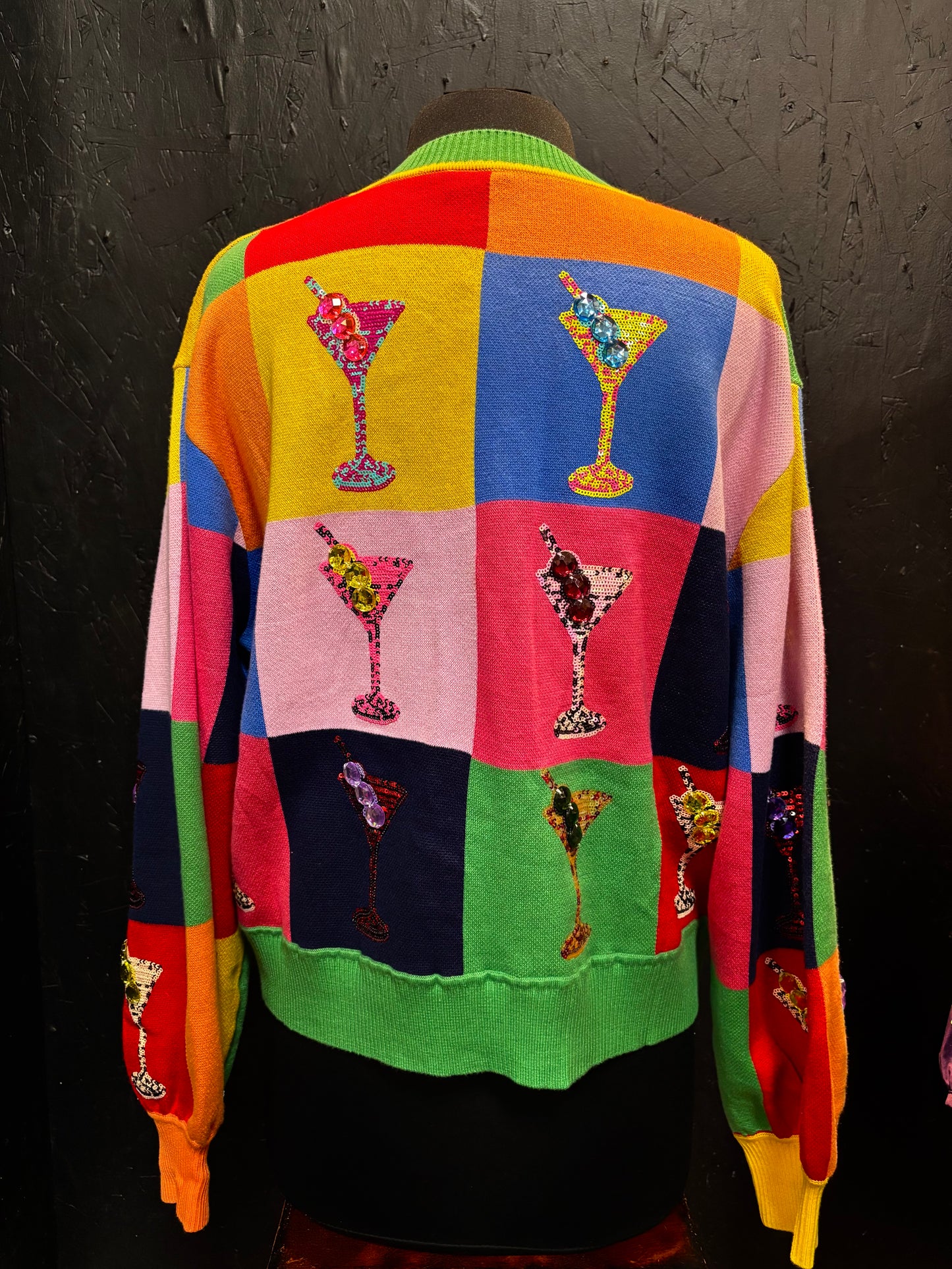 Queen of Sparkles Multi Checkered Cosmo Button Up Sweater