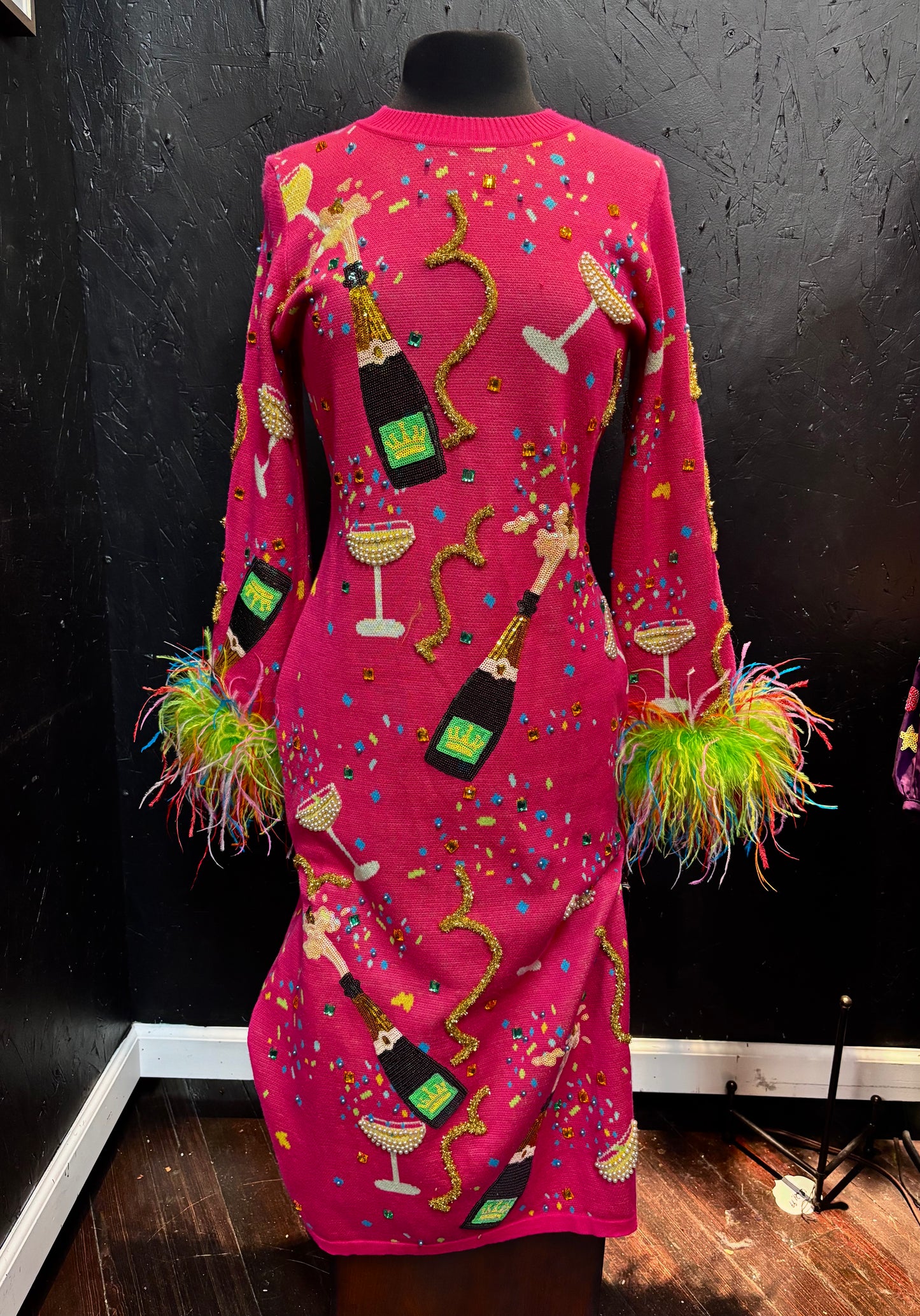 Queen of Sparkles Hot Pink Popping Champagne Bottle & Coupe Feather Midi Dress