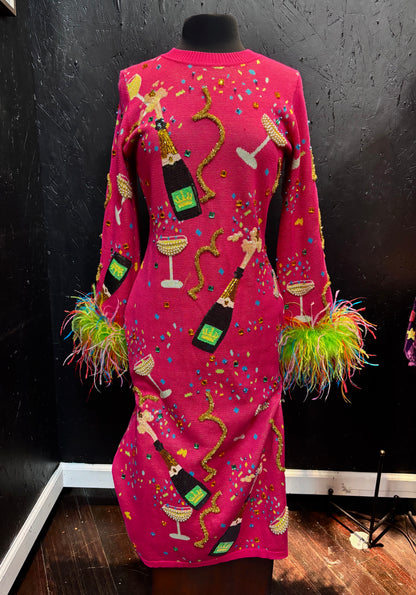 Queen of Sparkles Hot Pink Popping Champagne Bottle & Coupe Feather Midi Dress