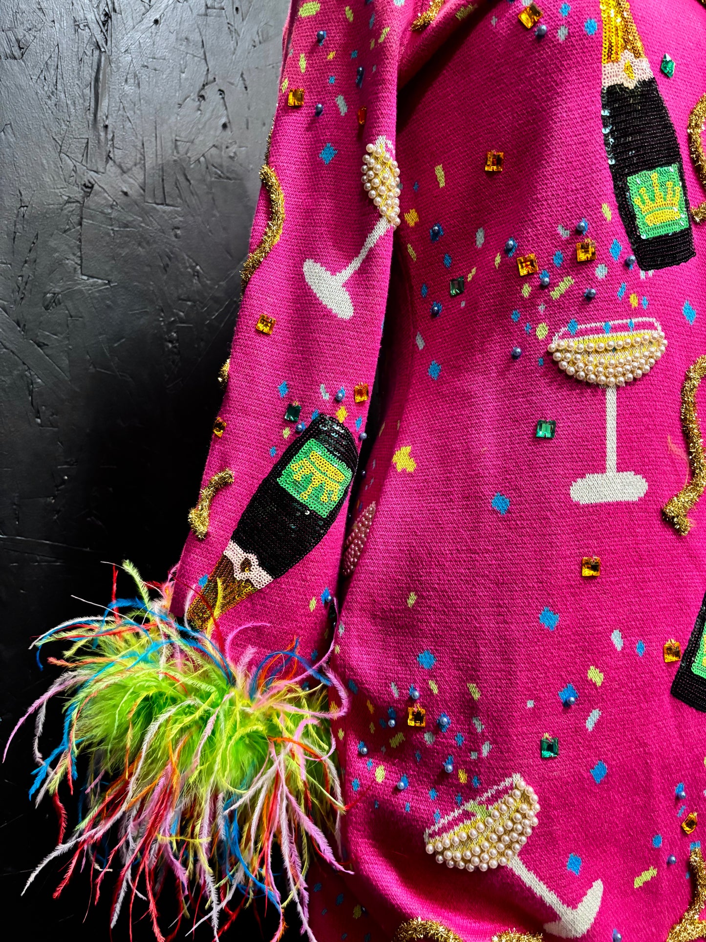 Queen of Sparkles Hot Pink Popping Champagne Bottle & Coupe Feather Midi Dress