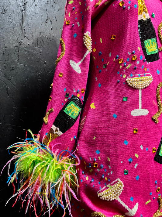 Queen of Sparkles Hot Pink Popping Champagne Bottle & Coupe Feather Midi Dress