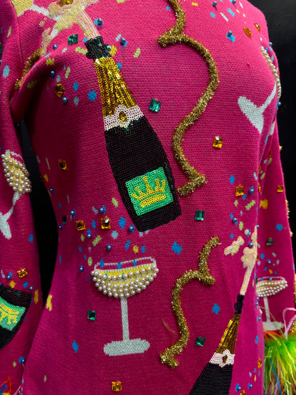 Queen of Sparkles Hot Pink Popping Champagne Bottle & Coupe Feather Midi Dress