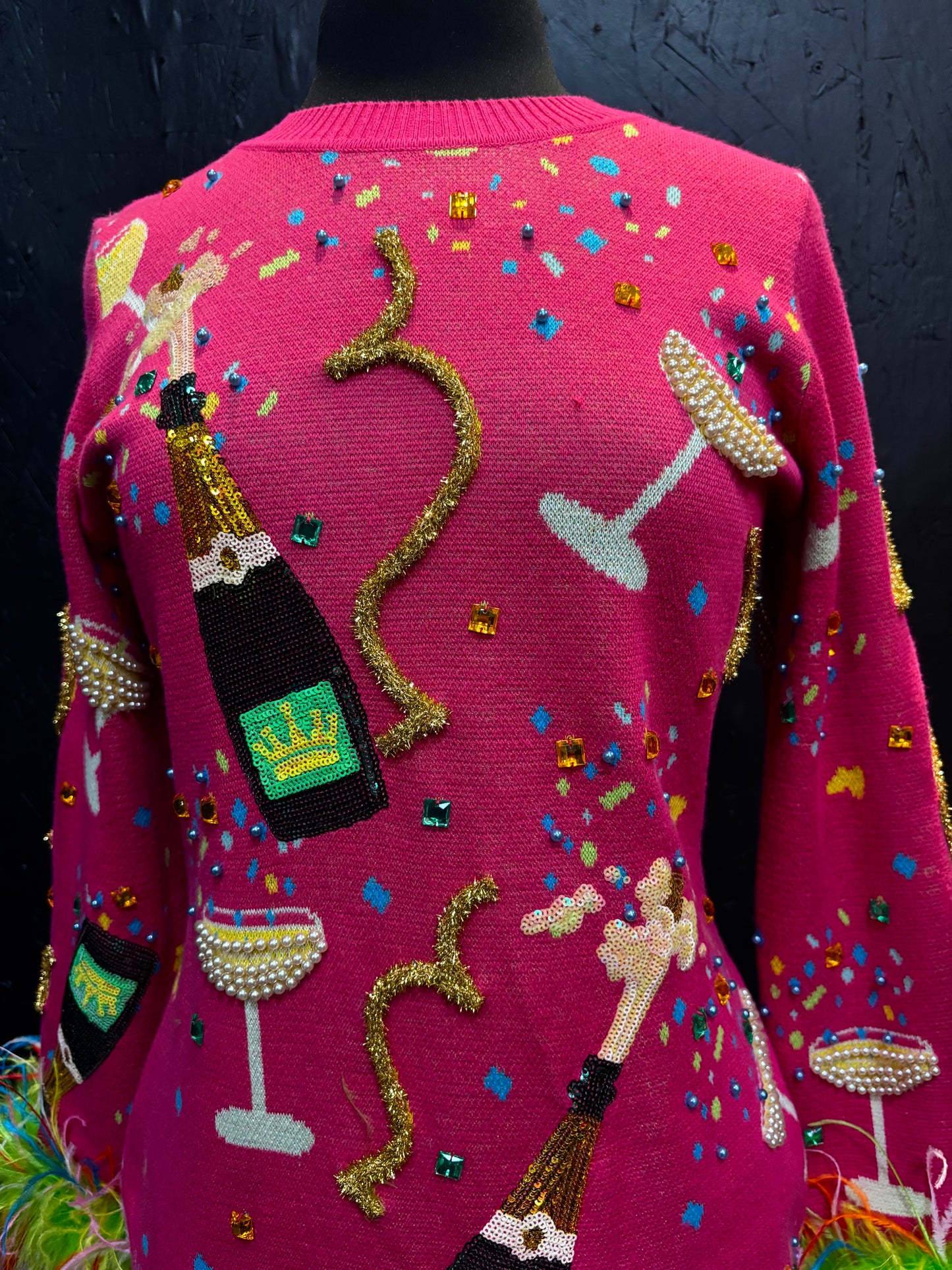 Queen of Sparkles Hot Pink Popping Champagne Bottle & Coupe Feather Midi Dress