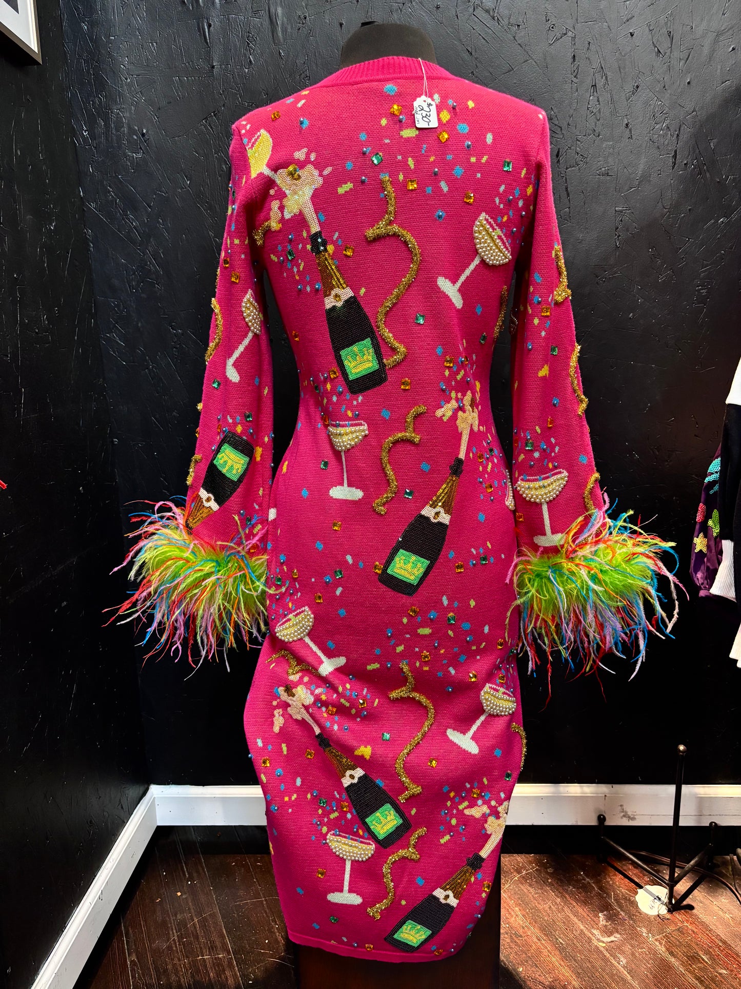 Queen of Sparkles Hot Pink Popping Champagne Bottle & Coupe Feather Midi Dress