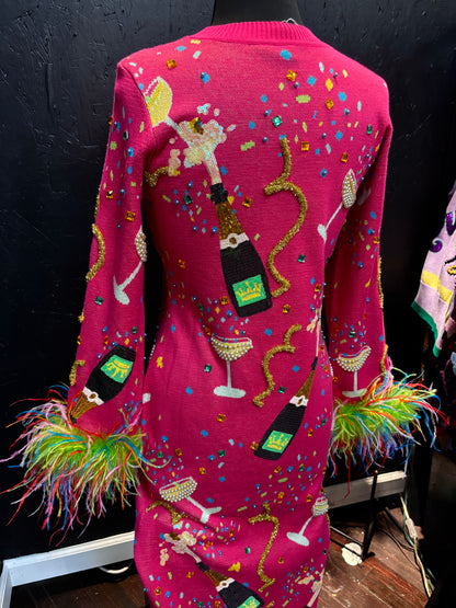 Queen of Sparkles Hot Pink Popping Champagne Bottle & Coupe Feather Midi Dress