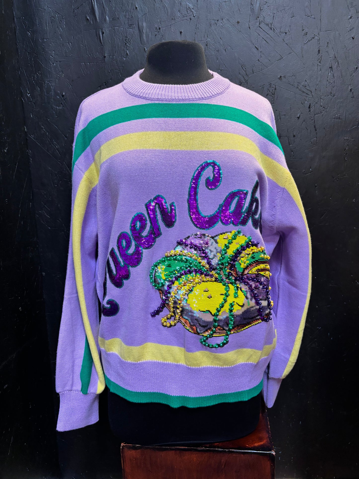 Queen of Sparkles Lavender, Green, & Yellow 'Queen Cake' Striped Sweater