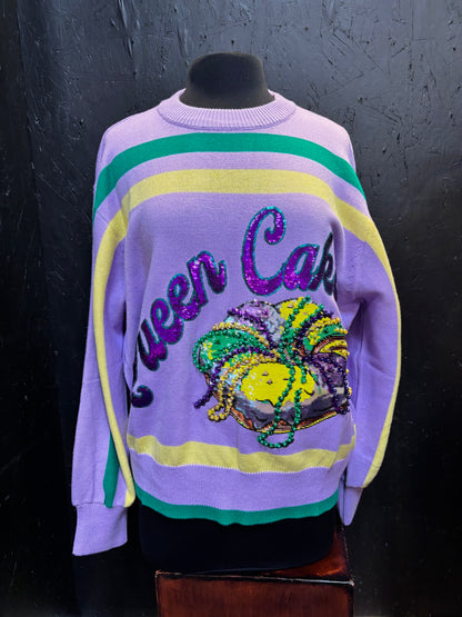 Queen of Sparkles Lavender, Green, & Yellow 'Queen Cake' Striped Sweater