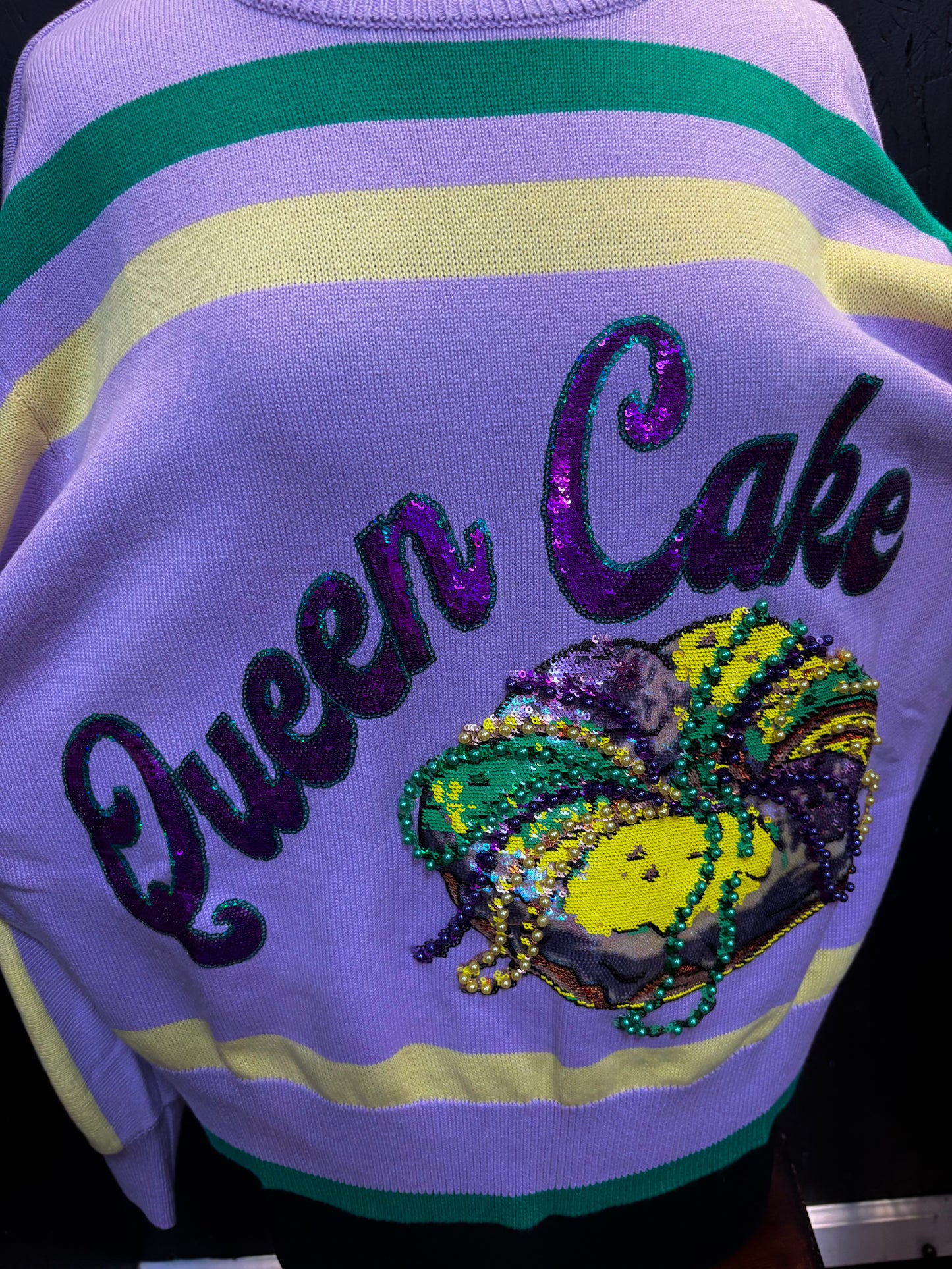 Queen of Sparkles Lavender, Green, & Yellow 'Queen Cake' Striped Sweater