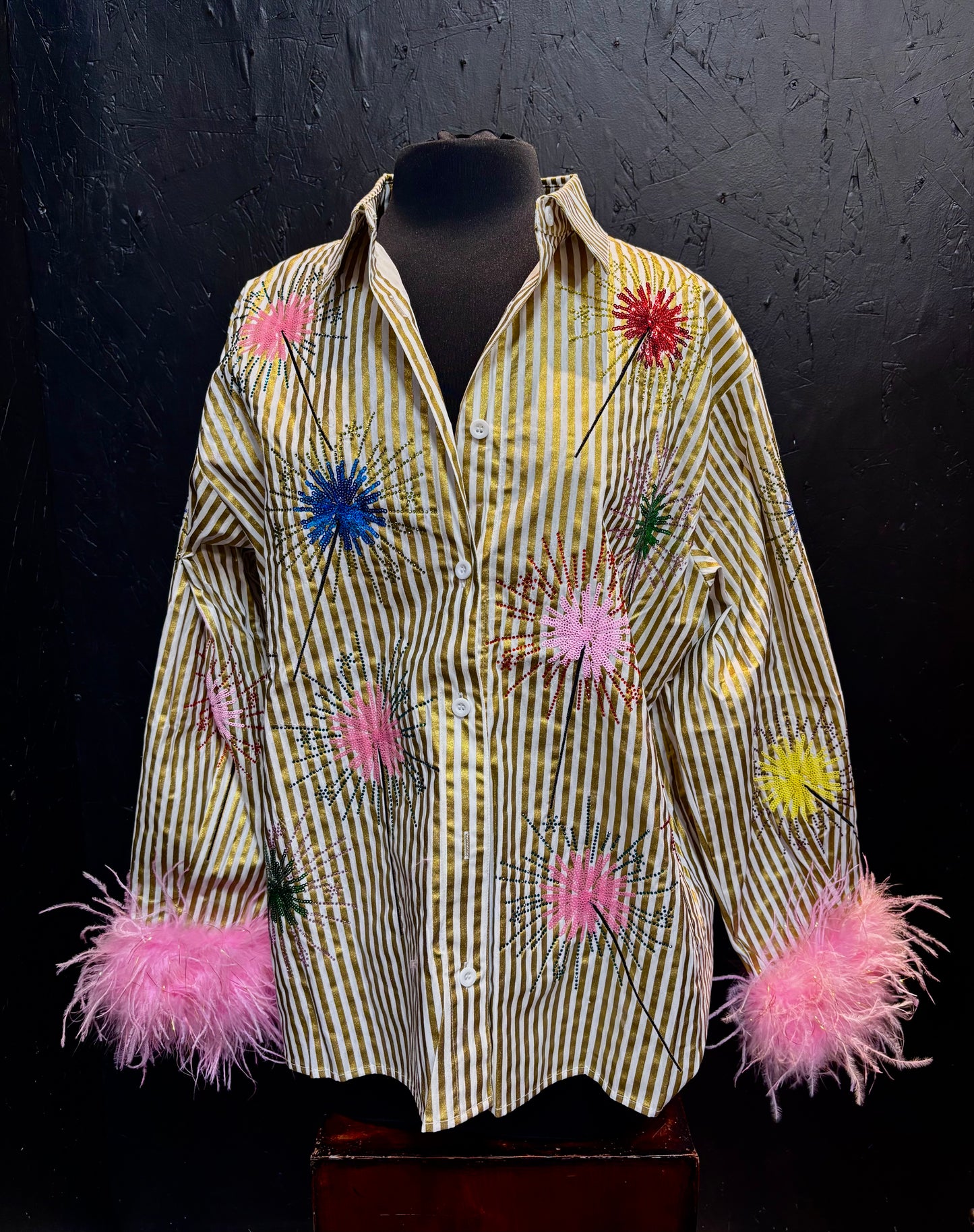 Queen of Sparkles Gold Stripe Multi Sparkler Button Up Top With Pink Feather Sleeves