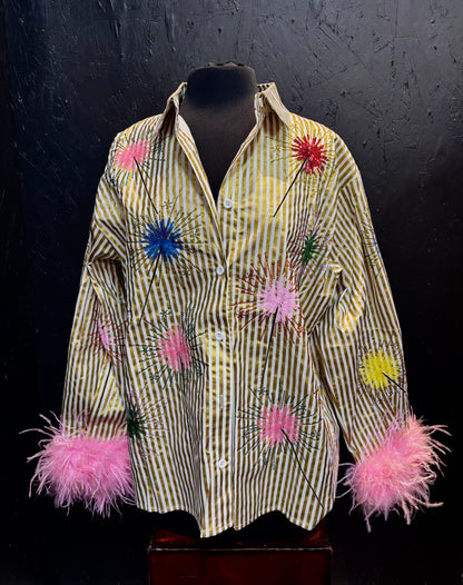Queen of Sparkles Gold Stripe Multi Sparkler Button Up Top With Pink Feather Sleeves