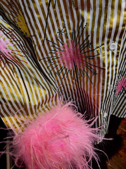 Queen of Sparkles Gold Stripe Multi Sparkler Button Up Top With Pink Feather Sleeves