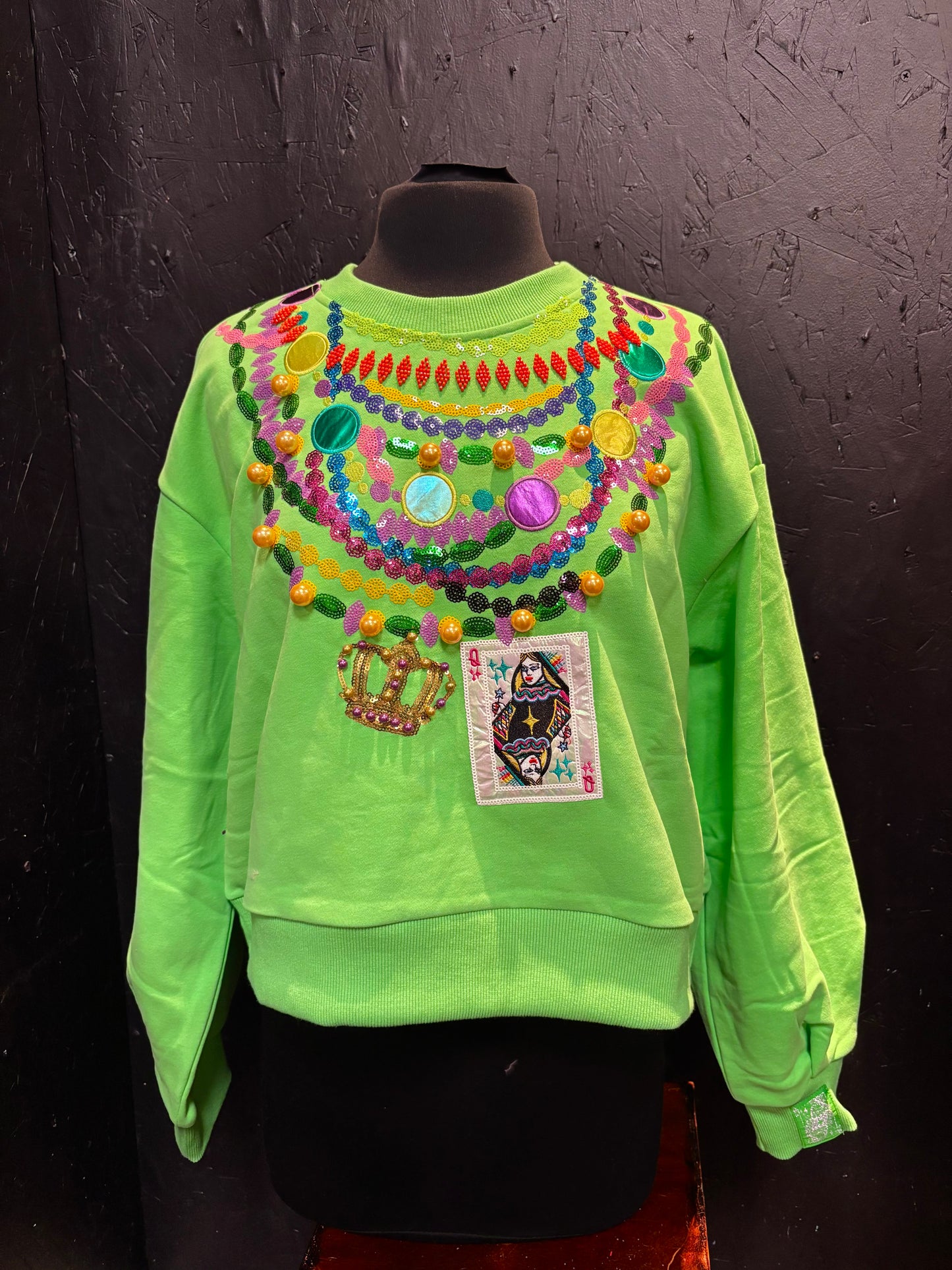 Queen of Sparkles Bright Green Queen Mardi Gras Beads Sweatshirt