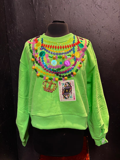Queen of Sparkles Bright Green Queen Mardi Gras Beads Sweatshirt