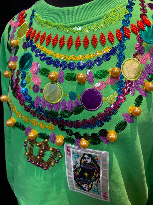 Queen of Sparkles Bright Green Queen Mardi Gras Beads Sweatshirt