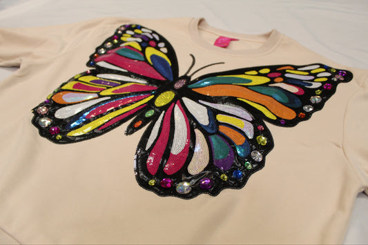Beige Oversized Multicolored Butterfly Sweatshirt