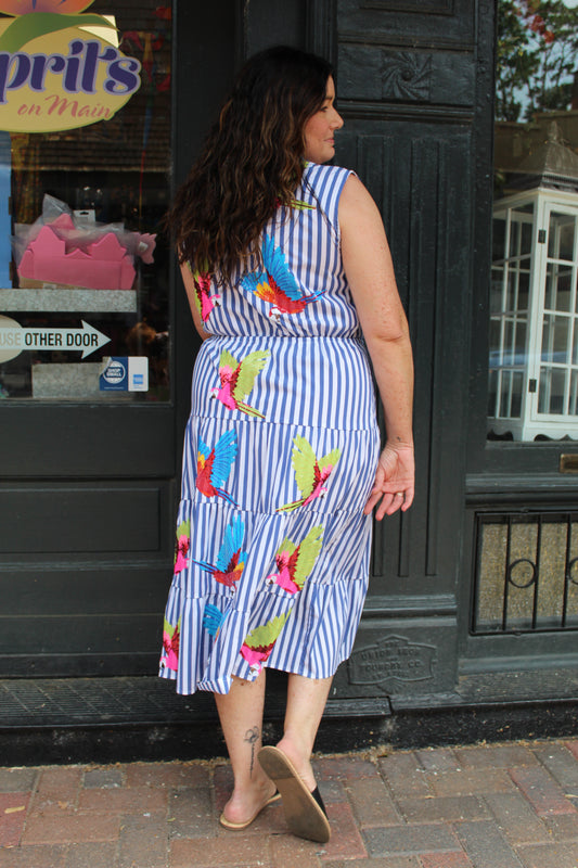 Navy & White Multi-Parrot Midi Dress