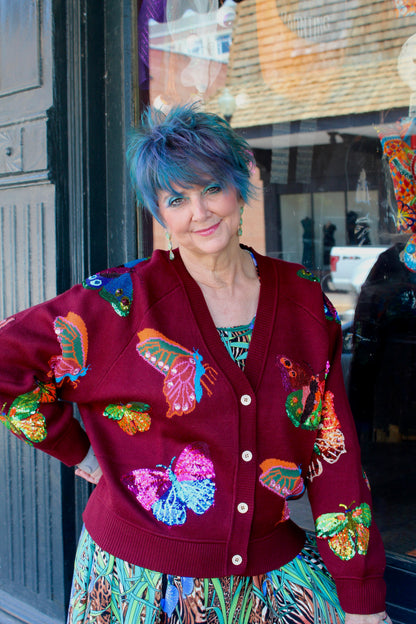 Maroon Multi Butterfly Button Up Knit Cardigan