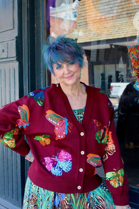 Maroon Multi Butterfly Button Up Knit Cardigan