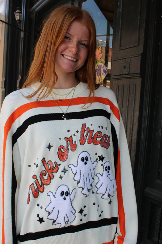 White, Black, & Orange Stripe 'Trick or Treat' Long Sleeve Sweater